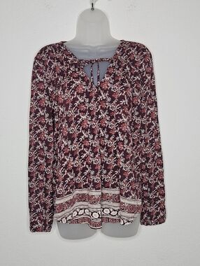 Lucky Brand Cotton Modal Boho Ditsy Floral Lightweight Flowy Tie Neck Blouse Top